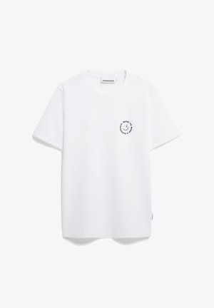 Witte katoenen T-shirt met ronde hals, korte mouwen en een klein gedrukt glimlachend gezicht logo op de linkerkant van de borst.