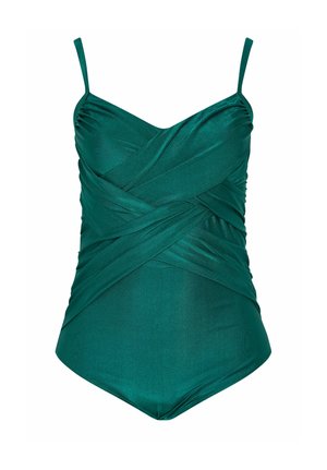 Vihreä yksiosainen uimapuku, jossa on ristiin vedetty laskostettu kangas ja ohuet olkaimet valkoisella taustalla.