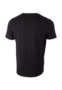 Zwarte katoenen T-shirt met korte mouwen. Heeft een ronde hals en een eenvoudig ontwerp met een zachte textuur.