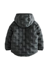Mørkegrå pufferjakke med hætte, der har et quiltet design og en glat, mat tekstur. Bagansigtet viser syninger og en afslappet pasform.