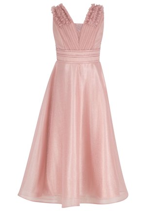 Vestito rosa con scollo a V, corpetto plissettato e spalline arricciate. La gonna è al ginocchio con una sottile texture scintillante. Design elegante e aderente.