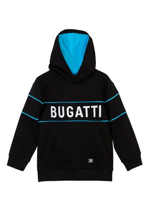 Schwarzer Kapuzenpullover mit türkisfarbenem Innenfutter in der Kapuze, auf der Vorderseite mit "BUGATTI" in Weiß. Mit Kängurutasche und gerippten Bündchen.