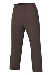 Ruskeat urheiluhousut, jotka on valmistettu sileästä kankaasta, suoran leikkauksen omaavat, joissa on kaksi etutaskua ja hienovaraiset ompeluyksityiskohdat. Nike-logo näkyvissä.