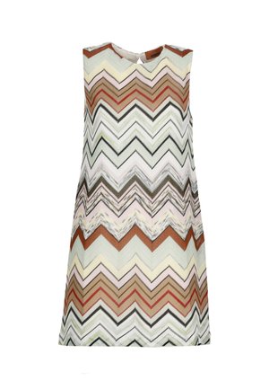 Abito senza maniche a linea ad A con motivo a zigzag multicolore nelle tonalità di bianco, marrone, beige, rosa e nero, con chiusura posteriore a bottoni.