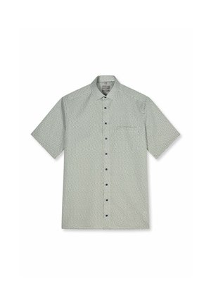 Kurzärmeliges Hemd mit Knopfleiste und kleinem geometrischem Muster in Hellgrau und Schwarz, mit spitzem Kragen und linker Brusttasche.