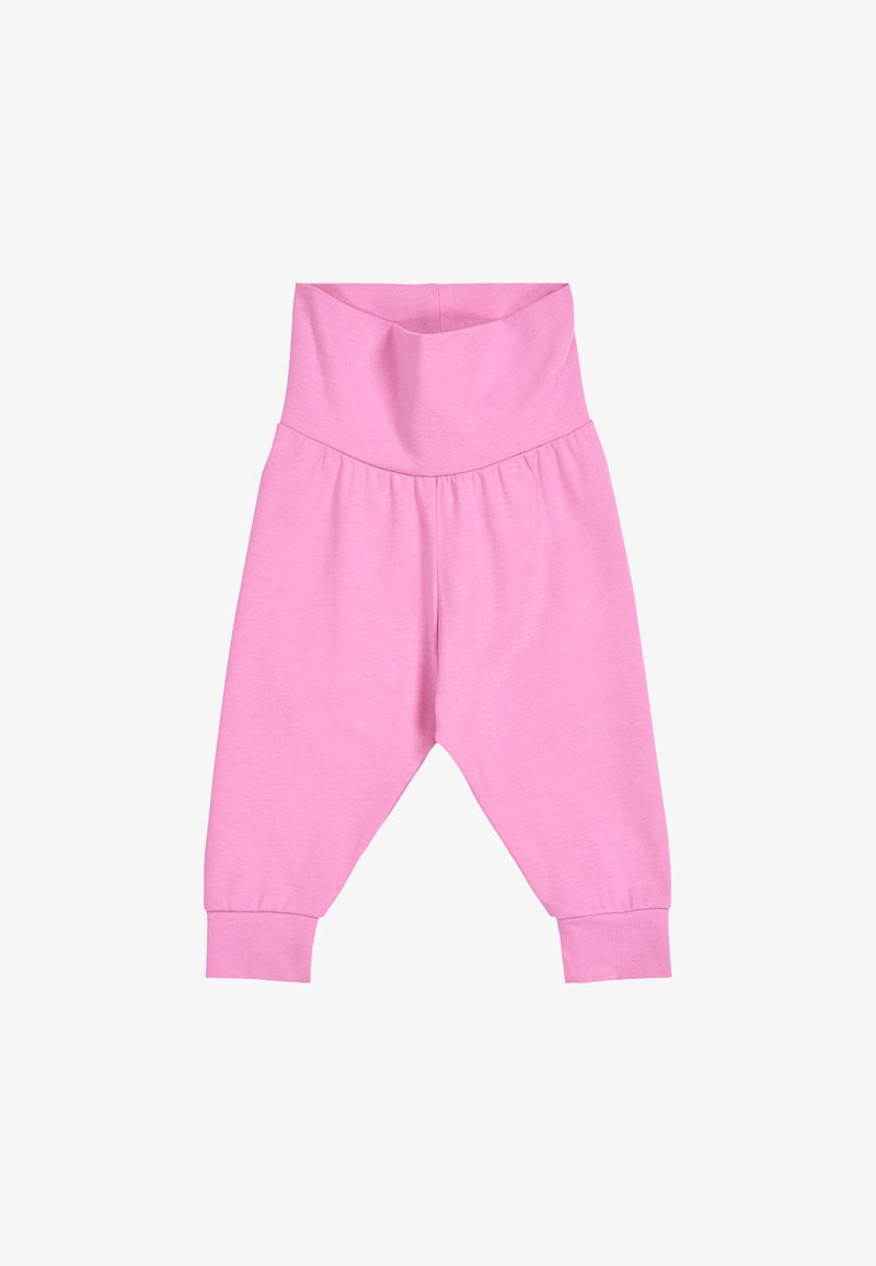 Roze babybroekje met een brede elastische tailleband en geribbelde boorden, ontworpen voor comfort en bewegingsvrijheid.