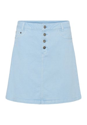 Jupe en denim bleu clair avec fermeture à boutons sur le devant, passants de ceinture et deux poches avant, coupe évasée.