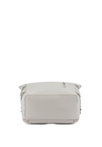 Borsa in pelle grigia con superficie liscia, forma rettangolare, zip superiore e cuciture decorative sui manici. La base presenta piedi protettivi.