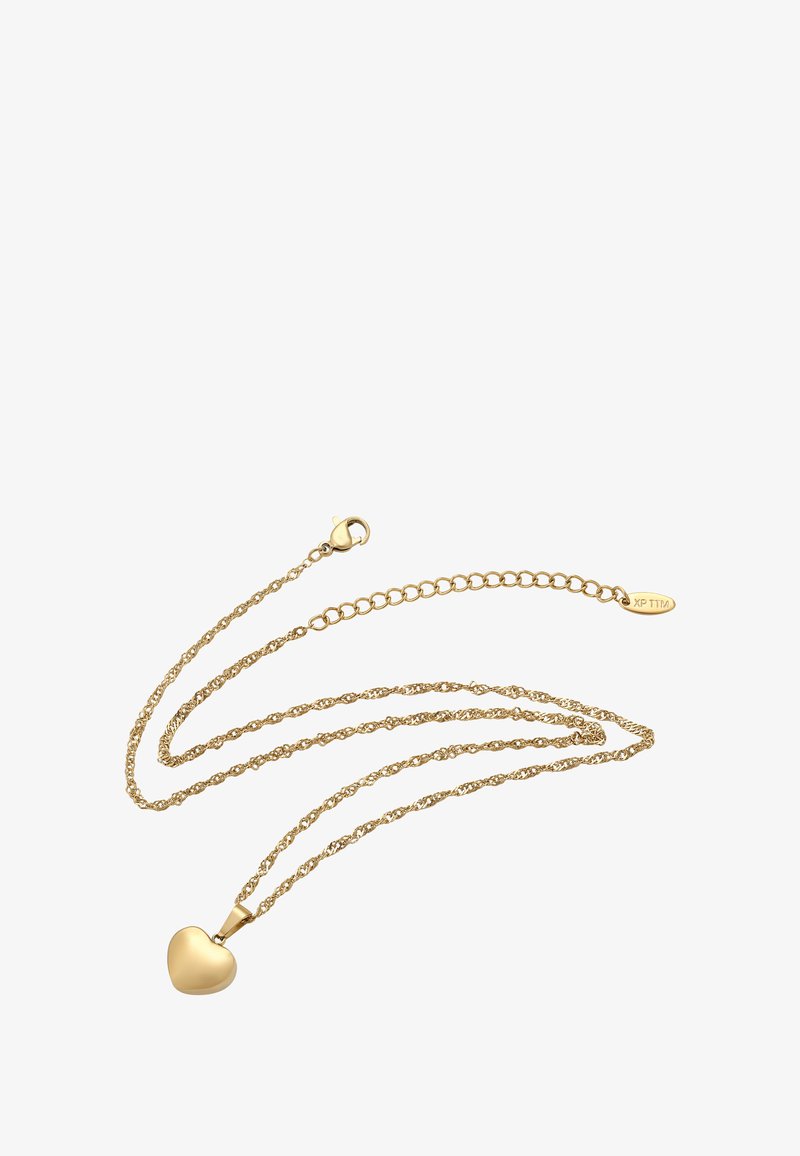Zlatý náhrdelník s přívěskem ve tvaru srdce a zkrouceným řetízkem. Obsahuje karabinkový zapínání a možnost nastavení délky řetízku.