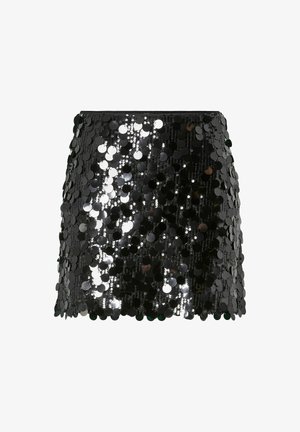 Jupe mini noire à sequins dotée de sequins circulaires réfléchissants couvrant toute la surface, avec un ourlet droit et une texture lisse.