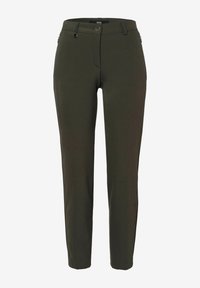 Pantalon vert foncé coupe ajustée avec passants pour ceinture, fermeture par bouton et fermeture éclair, poches latérales zippées, présenté sur fond blanc.