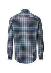 Long-sleeve shirt in a blue and white checkered pattern, featuring a button-down collar and a curved hem with buttoned cuffs.