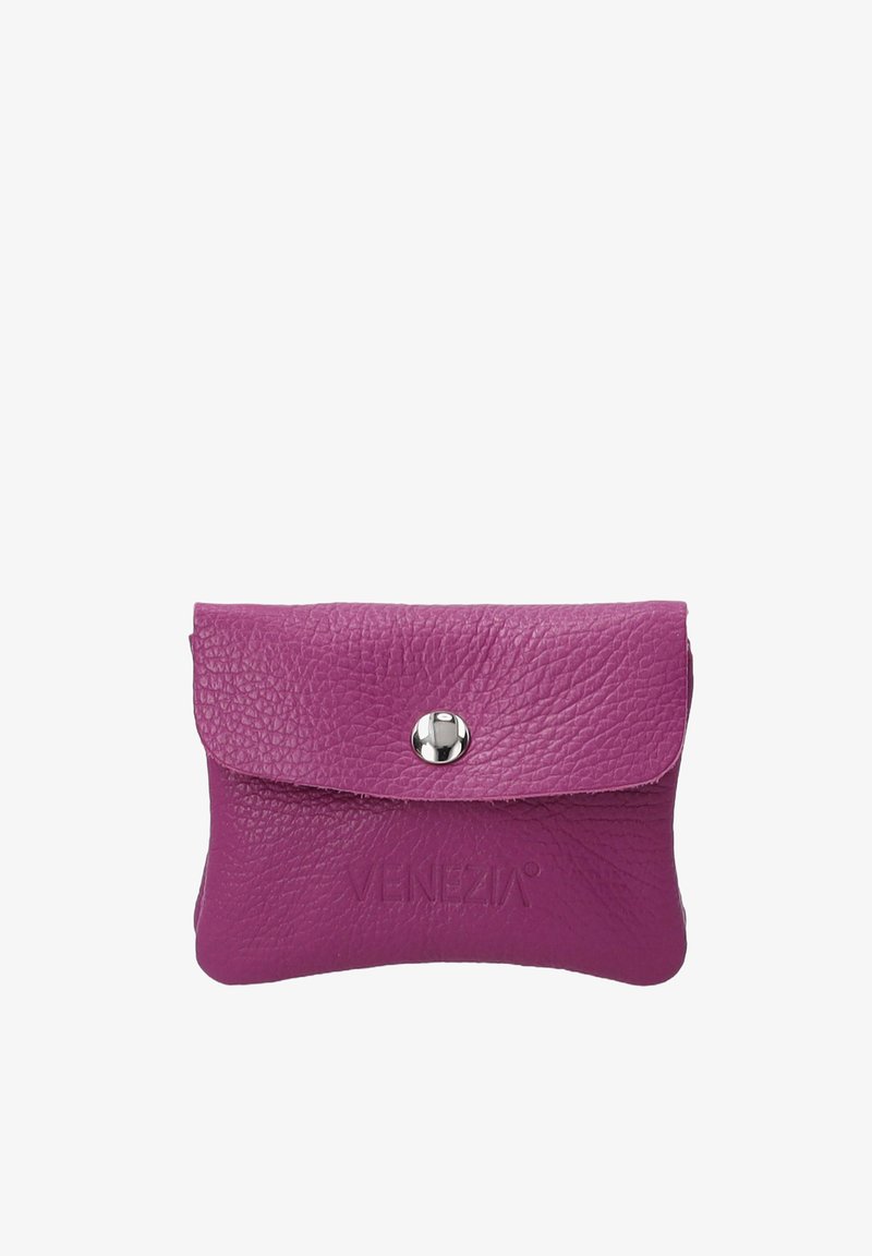 Purple leather pouch with textured surface, snap closure, and embossed logo. Compact, soft shape with rounded edges.