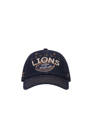 Тъмносиня бейзболна шапка с кафяв шифт с бродирани "Detroit Lions" и футболна графика отпред.