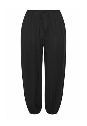 Sorte løstsiddende bukser med elastik i taljen og justerbar snor, tilspidsede ben med elastiske manchetter.