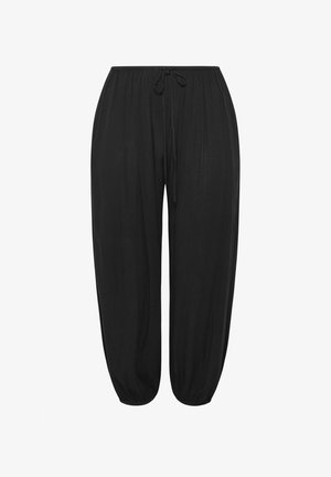 Pantalon noir à coupe ample avec taille élastique et cordon de serrage ajustable, jambes fuselées avec poignets élastiques.
