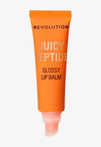 Oransje plasttube med skrukork, med svart tekst som står "Revolution Juicy Peptide Glossy Lip Balm," med en blank overflate.