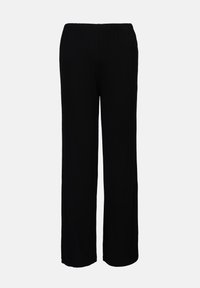 Black, lightweight, wide-leg pants with an elastic waistband, featuring a smooth texture and a clean, simple design with no patterns.