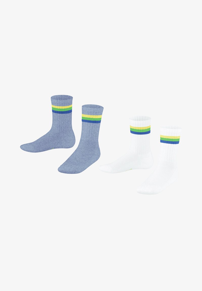Sockenpaar: zwei blaue Socken mit grün-gelben Streifen und zwei weiße Socken mit grün-gelben Streifen. Aus Baumwollmaterial, gerippte Struktur, knöchellang.