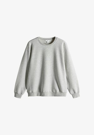Light grey sweatshirt with long sleeves, crew neckline, and ribbed cuffs and hem. Made of soft, textured fabric. No visible logos.
