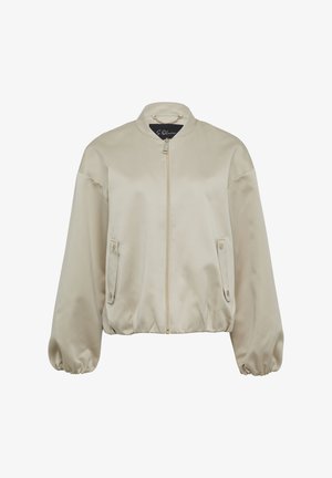 Bežs satīna bomberjakets ar rāvējslēdzēju priekšā, sānu kabatām un savilktām piedurknēm. Gluda tekstūra ar minimālu aparatūras detalizāciju.