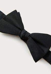 Schwarze Satin-Fliege mit glatter Textur, die einen zentralen Knoten und breite, spitze Enden aufweist. Eignet sich für formelle Anlässe.