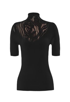 Zwarte gebreide top met een hoge hals en korte mouwen, met een transparante bloemenkantpatroon op het bovenste gedeelte. Glad textuur.