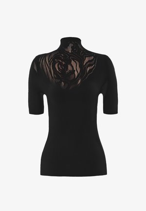 Top nero in maglia con collo alto e maniche corte, caratterizzato da un motivo di pizzo floreale trasparente nella parte superiore. Texture liscia.