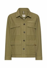 Olivengrøn skjortejakke med fire lommer med klap, lange ærmer og krave, lavet af robust stof.