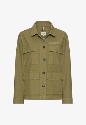 Olivengrøn skjortejakke med fire lommer med klap, lange ærmer og krave, lavet af robust stof.