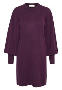 Lila långärmad klänning med rund halsringning och ballongsärmar. Mjuk tygtextur, knälång klippning, minimalistisk design.