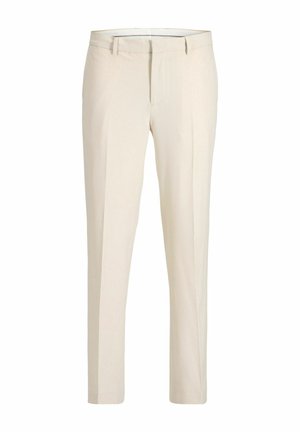Pantalon beige pour homme sur mesure avec passants de ceinture, pli devant et coupe droite et slim.
