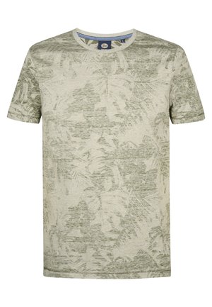 T-shirt grigio chiaro con motivo a foglie verdi, maniche corte, collo rotondo e un tessuto morbido e strutturato. Include un'etichetta sul collo.