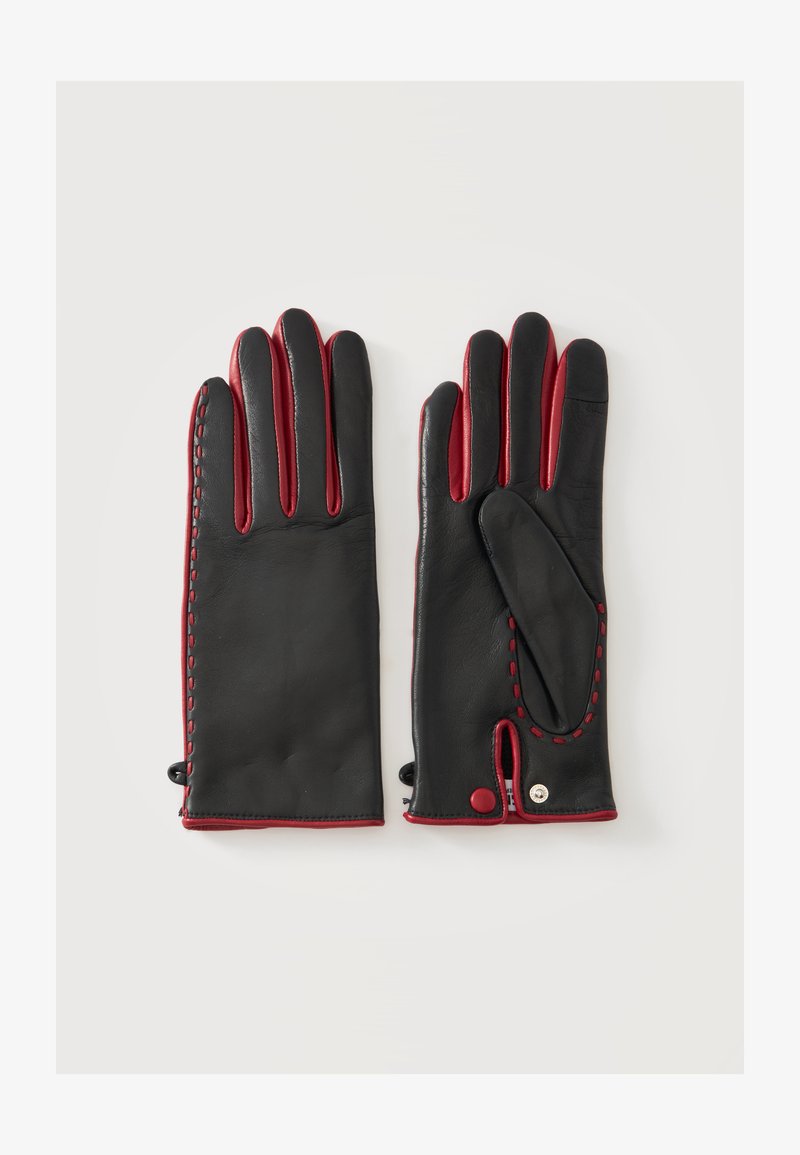 Paire de gants en cuir noir avec bordure rouge, coutures et fermeture à pression, présentés à plat avec la paume et le dos visibles.