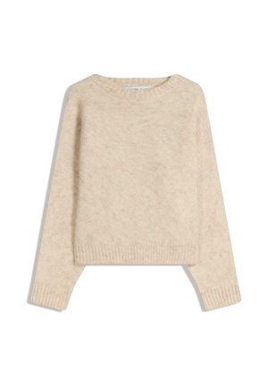 Pull beige à manches longues en maille, avec poignets, ourlet et encolure ras-du-cou côtelés, posé à plat sur un fond blanc.