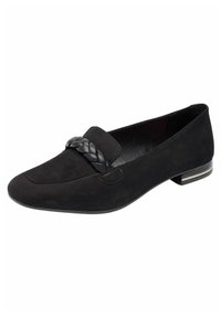 Mocassins en suède noir avec un accent tressé à l'avant, un petit talon avec des détails métalliques et un design à bout rond.