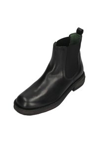 Black leather ankle boot with elastic side panels. Features a green interior lining and a stacked wooden heel. Smooth texture, minimalist design.