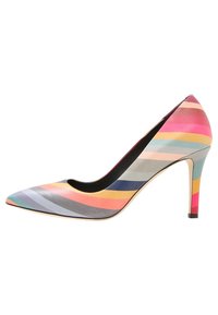 Multicolored stiletto heel with a pointed toe, featuring horizontal stripes in pink, grey, blue, and teal on a smooth leather surface.