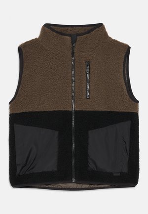 Fleece vest in brown and black, featuring a zippered front and two large black nylon pockets at the bottom. Smooth texture with a high collar.