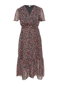 Robe maxi florale avec une base noire ornée de fleurs rouges et blanches, décolleté en V, manches courtes bouffantes et jupe évasée à volants.
