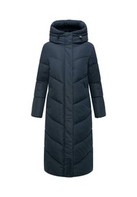 Lange, marineblauwe pufferjas met een capuchon. Kenmerkt zich door verticale en diagonale quiltpatronen, een verborgen rits en zijzakken.