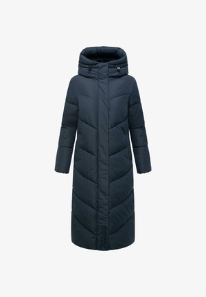 Pitkä, tummansininen untuvakatto, jossa on huppu. Ominaisuuksiin kuuluvat pystysuuntaiset ja diagonaaliset tikkauskuviot, piilotettu vetoketju ja sivutaskut.