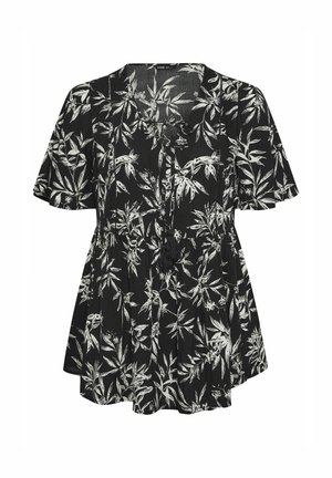 Zwarte blouse met korte mouwen, bedrukt met witte botanische bladeren, V-hals met kwastjeskoord en een losse, vloeiende pasvorm.