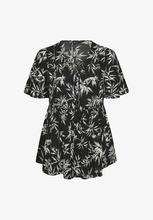 Musta lyhythihainen pusero, jossa valkoinen kasvikuvio, v-kaula-aukko ja hapsunauhakiinnitys sekä väljähkö, virtaava istuvuus.