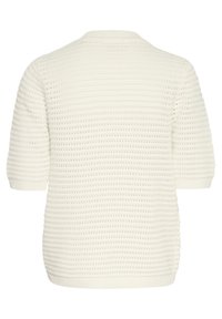 Pull en tricot couleur crème avec un motif texturé en côtes, des manches courtes et un col rond. L'arrière présente un design cohérent.