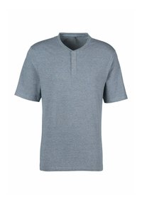 Blauwe short-sleeve henley shirt van een textuurstof, met een drieknoopssluiting en een ronde kraag. Horizontale strepen overal.