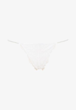 White lace thong with scalloped edges, featuring a pearl chain for straps, and a textured floral pattern throughout the fabric.