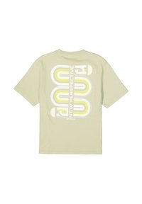 Camiseta de algodón verde claro con mangas cortas. Presenta un diseño gráfico en la parte posterior que dice "NUEVA PERSPECTIVA" en blanco y amarillo.