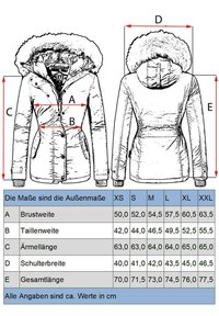 Women's parka jacket with a fur-lined hood, front zipper, button accents, and detailed measurement chart for size XS to XXL in cm.