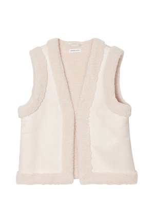 Cremefarvet ærmeløs vest med en blød, fluffy tekstur og kontrastfarvet kant. Åben frontdesign med runde ærmhuller. Ingen lukninger.